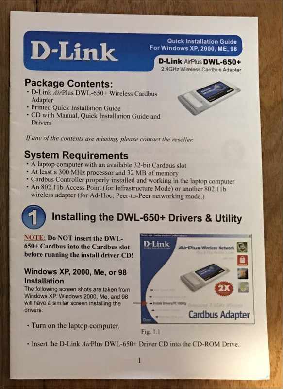 D-Link AirPlus DWL-650+ 2.4 GHz Wireless cardbus adapter manual only