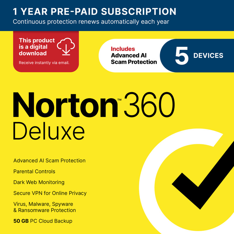 Norton 360 Deluxe 2026 | 5 Devices | Direct from Norton | Digital Download