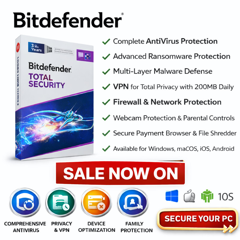 Bitdefender Total Security 2026 – 3 Years 1-15 Devices + Daily VPN