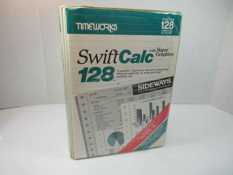 vintage 1983 Timeworks swift Calc 128 software Commodore 128 manual and box gallery