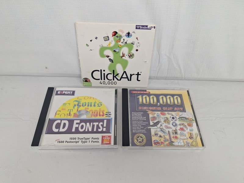 Lot of 3 Vintage CD-ROM Fonts & Clip Art WIN 3.1, 95, 98, Mac – See Photos