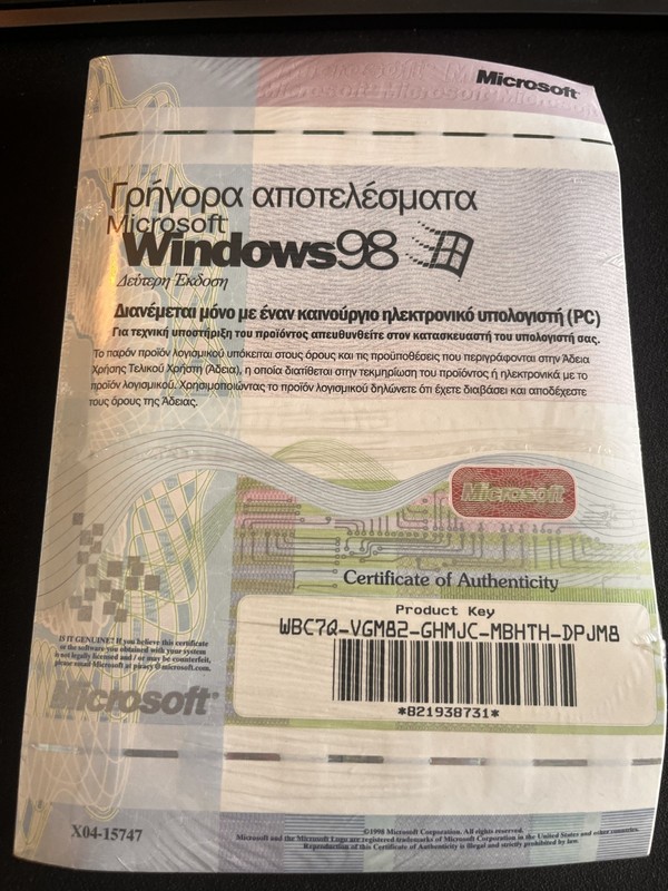 Microsoft Windows 98 SE Second Edition Greek OEM Sealed COA Quick Start