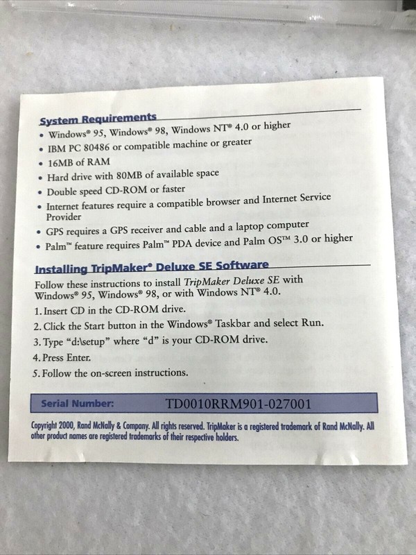 RAND MCNALLY TRIPMAKER DELUXE CD 2000 WINDOWS 95, 98 W CASE & INSTRUCTIONS CD 5 gallery