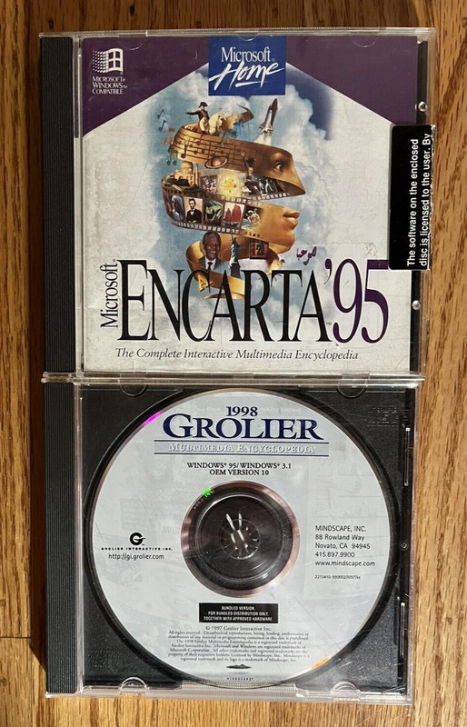 2 CD Lot Encarta’95 w/User’s Guide + Grolier 1998 Windows Encyclopedia CD