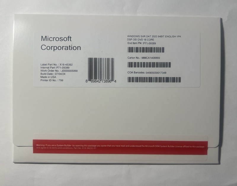 Microsoft Windows Server 2022 Datacenter 64bit 16 Core DVD&license Key (NEW)