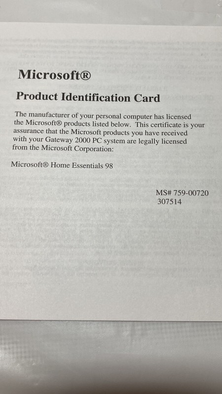 Microsoft Windows Software COA: Home Essentials 98