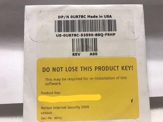Norton 2008 Internet Security w/Keys Dell US-0U878C-53590-88Q-F6HP A00 SEALED gallery