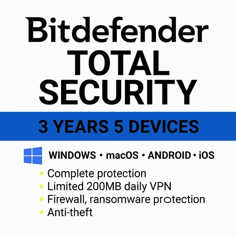 Bitdefender Total Security 3 Year 5 Devices Protection + Daily VPN