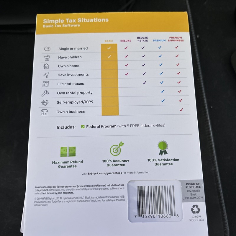 H&R Block Basic Tax Software Mac Windows 2019 - RETAIL PACKAGING. CD and digital gallery