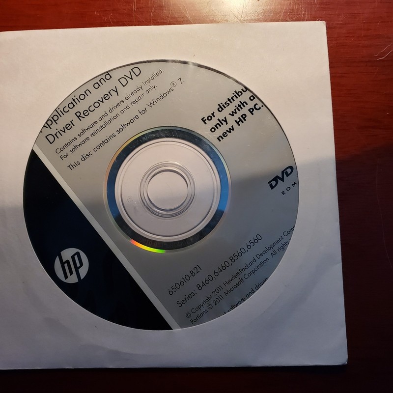 HP App & Driver Recovery DVD For Windows 7 8460 6460 8560 6560 650610-B21