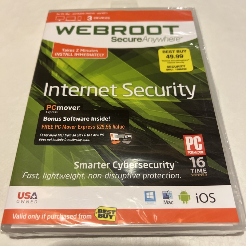 Webroot Secure Anywhere Internet Security 3 Devices for PC/MAC/Mobile NEW/SEALED