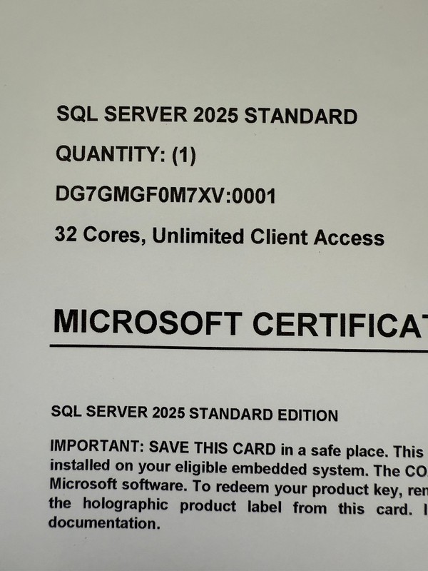 Microsoft SQL Server 2025 Standard 32 Core Unlimited User CALs CoA Authentic gallery