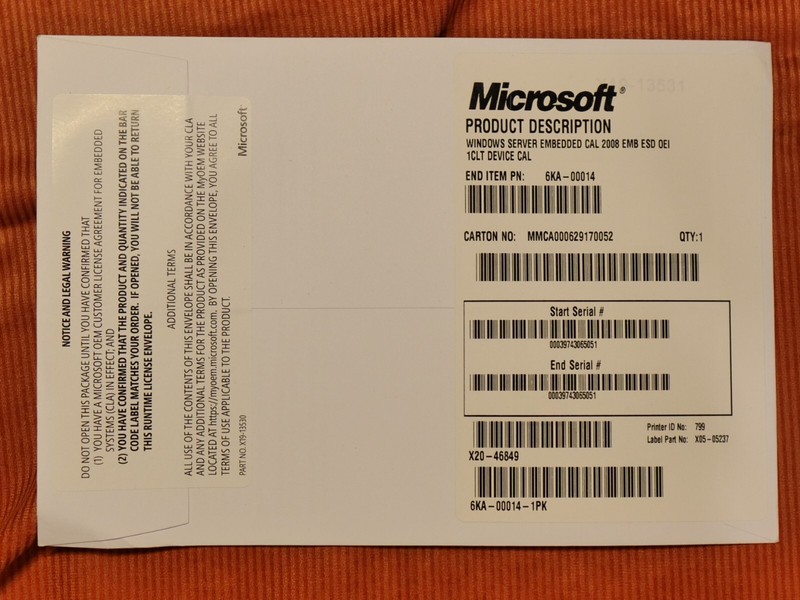 Microsoft Windows Server Embedded Cal 2008 EMB ESD 0EI 1CLT Device CAL 6KA-00014