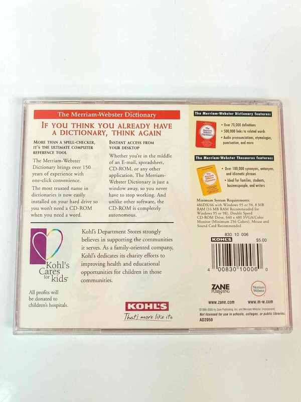 The Merriam Webster Dictionary/Thesaurus CD Win 95/98 2000 Used Kohl's Cares Kid gallery