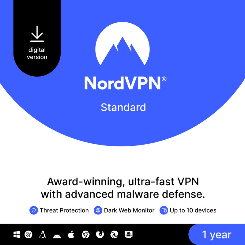 NordVPN Standard – 1-Year VPN & Cybersecurity Software for 10 Devices