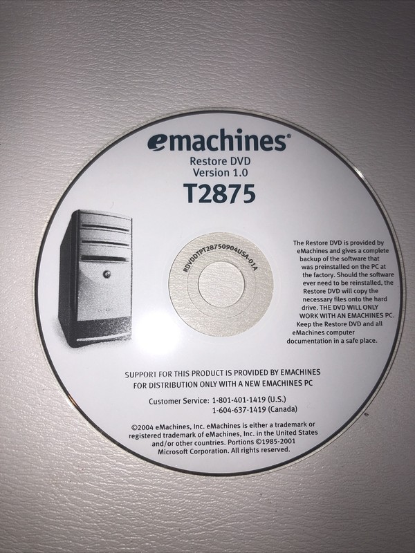 e-Machine T2875 Restore CD’s Restore DVD Version 1.0 Cd