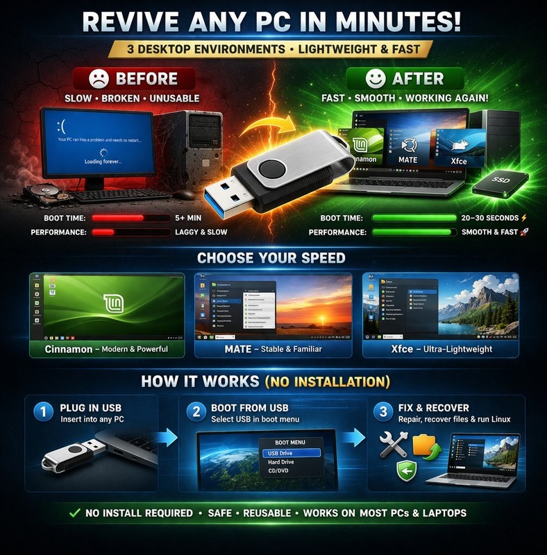 Bootable Linux USB 3-in-1 PC Repair Recovery Tool Cinnamon MATE Xfce Live OS Kit gallery