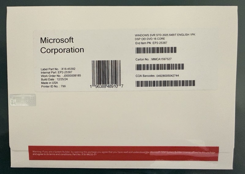 Microsoft Windows Server 2025 Standard 64Bit 16 Core DVD Pack and Key