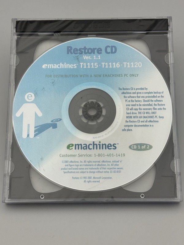 SEALED Vintage Restore CD V1.1 emachines Desktop PC T1115-T1116-T1120