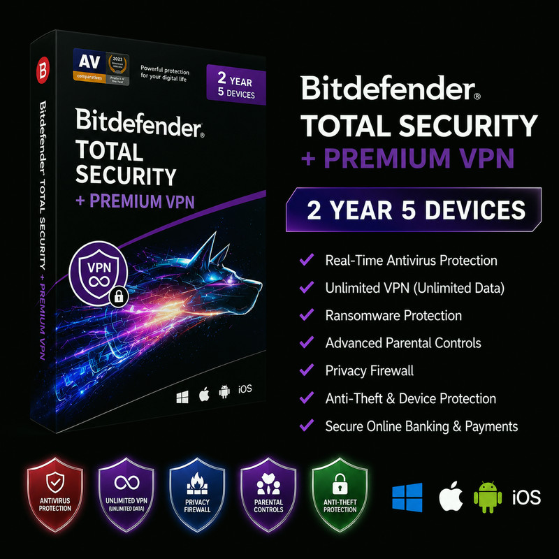 Bitdefender Total Security + Premium VPN – 2 Year 5 Devices Protection