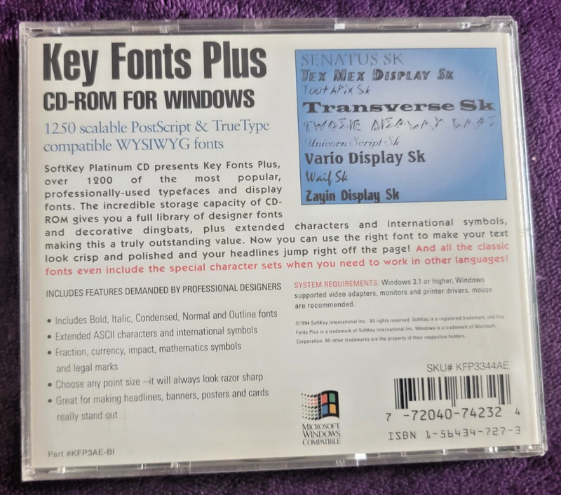 Softkey ~ Key Fonts Plus ~ 1250 Fonts, PC CD ROM, Windows, #KFP3344AE, 1995 gallery