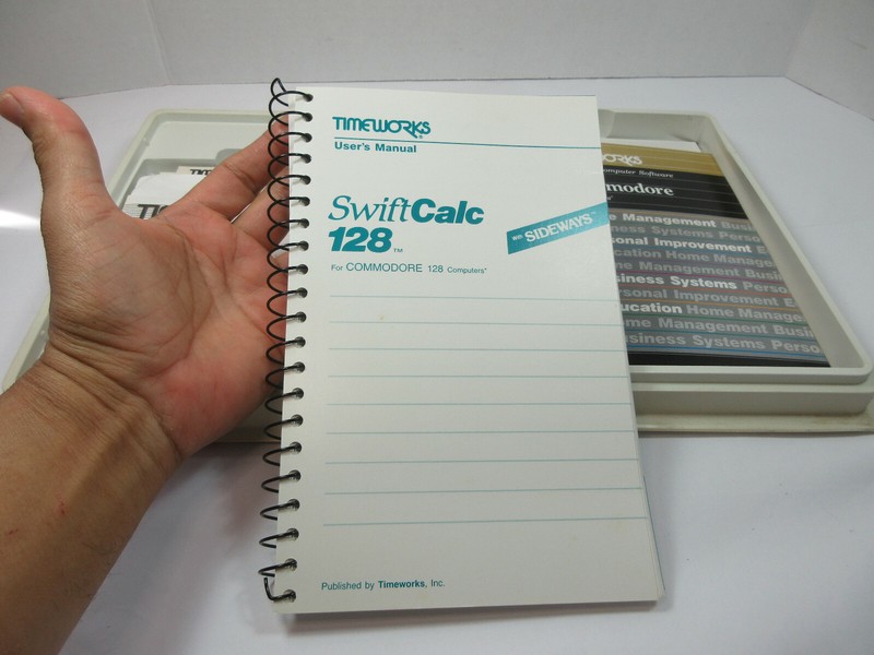 vintage 1983 Timeworks swift Calc 128 software Commodore 128 manual and box gallery