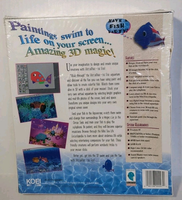RARE SEALED Big Box VirtuaPark The Fish PC Game 1996 KOEI First Print Win 95 gallery