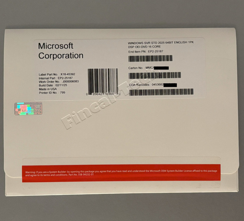 New Win Server 2025 Standard x64 bit- 16 Cores | Full License [Brand New] & HHD