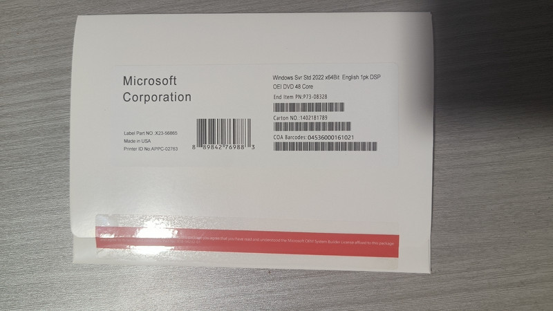 New Microsoft Windows Server 2022 Standard 48 Core+ key sealed