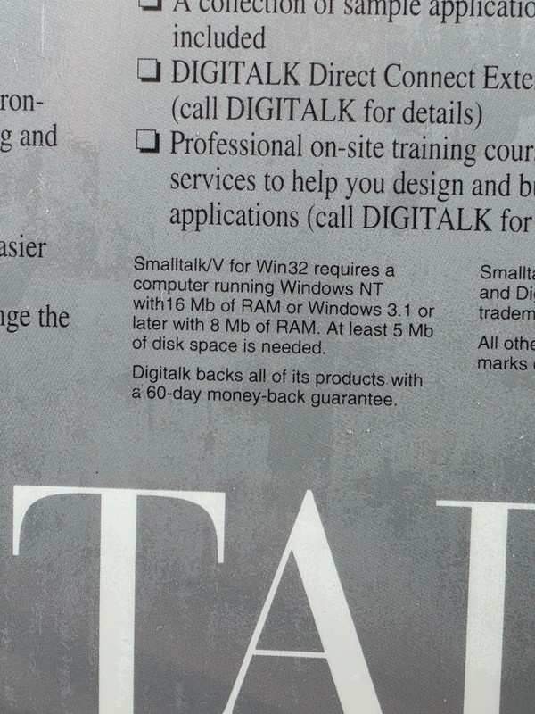 Digitalk Smalltalk/V 2.0 Win32 Sealed Vintage Software Windows NT Windows 3.1 gallery
