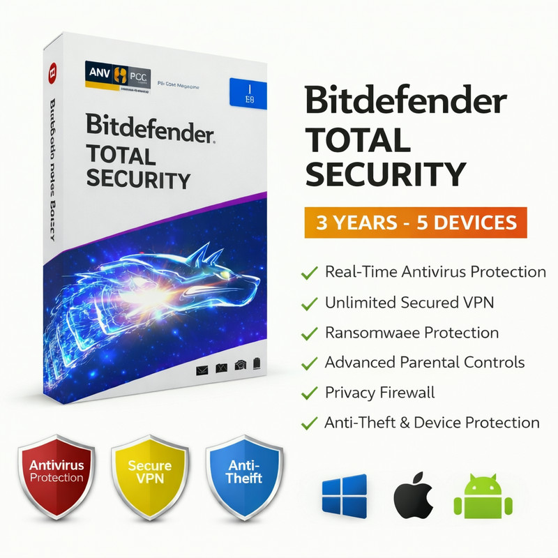 Bitdefender Total Security 2026 – 3 Years 5 Devices (WINDOWS,MAC,ANDROID)