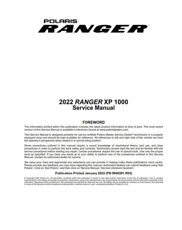 2022 Polaris Ranger XP 1000 Series Northstar Service Repair Manual PDF on CD gallery