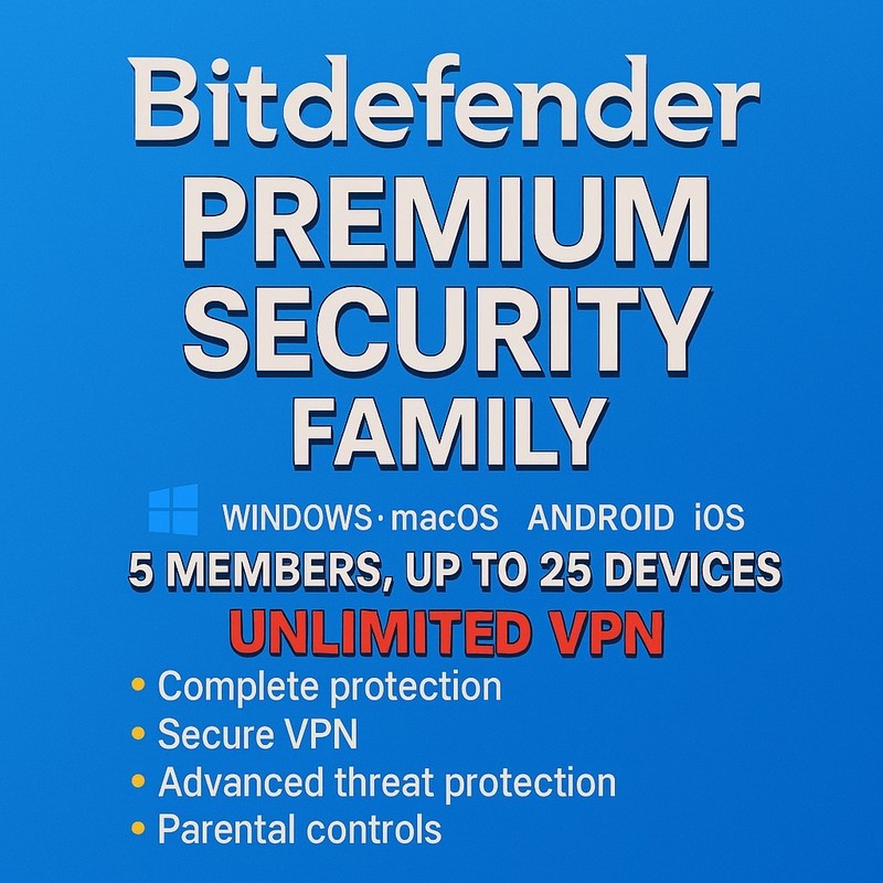 Bitdefender Premium Security – 1 Year 5 Users up to 25 Devices + UNLIMITED VPN