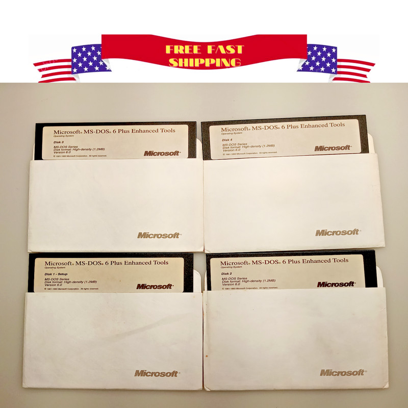 MICROSOFT MS-DOS 6 PLUS ENHANCED TOOL OS INSTALLATION 5.25″ COMPLETE 4 DISK SET
