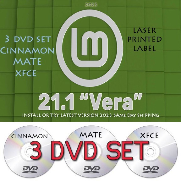 Linux Mint 21.1 LTS 2023 “3”DVD SET Cinnamon, MATE, XFCE, Laser Printed USA AAA
