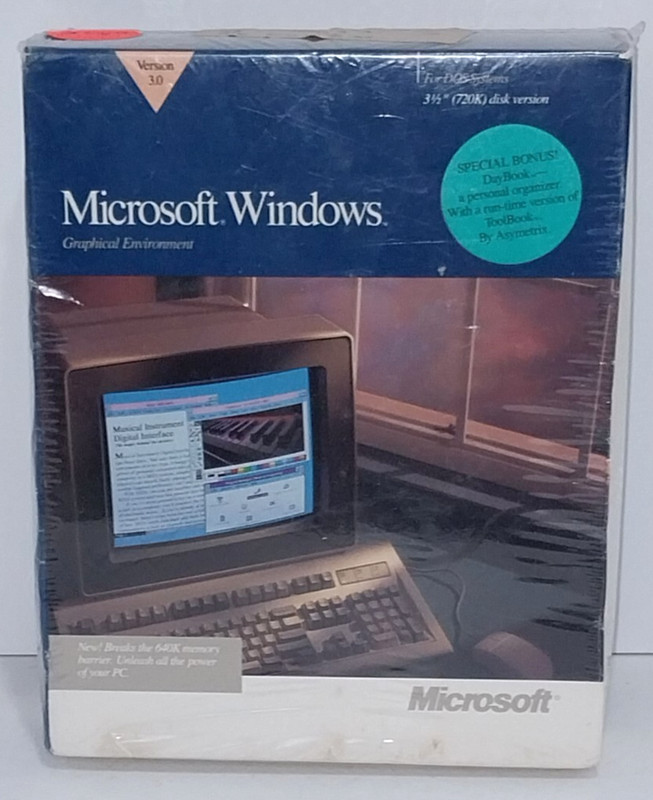 New Sealed Microsoft Windows 3.0 For DOS Systems, 3.5″ (720K) Disk Version, 1990