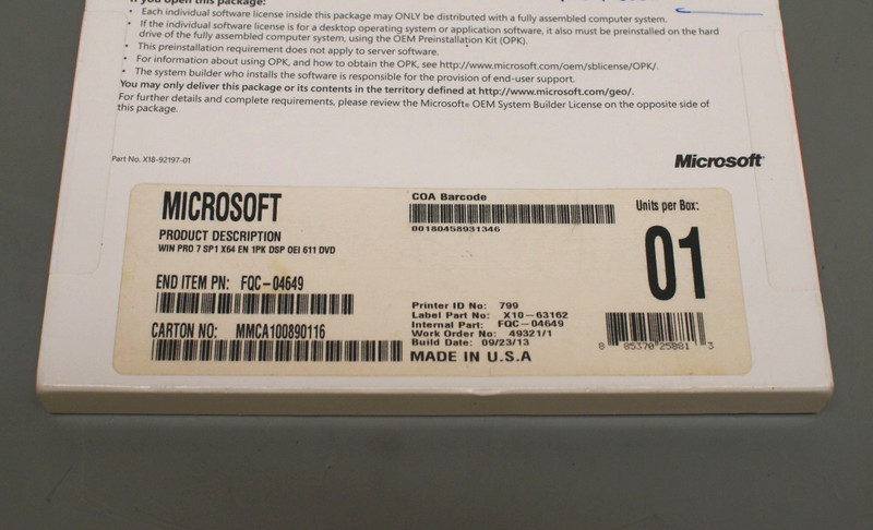 Microsoft Windows 7 Pro SP1 X64 English DSP OEI 611 DVD 1A