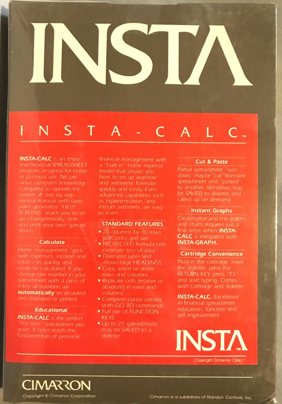 Insta-Calc 5.25 inch diskette & cartridge for Commodore 64 - Cimarron Brand New! gallery