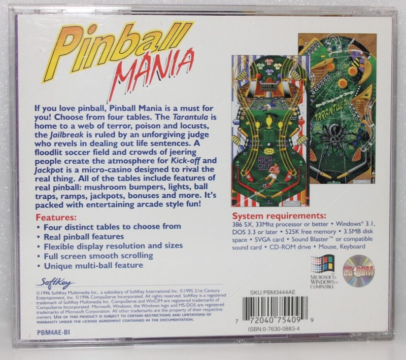 PINBALL MANIA PC CD-ROM GAME SOFTKEY VINTAGE SOFTWARE WINDOWS 1996 gallery
