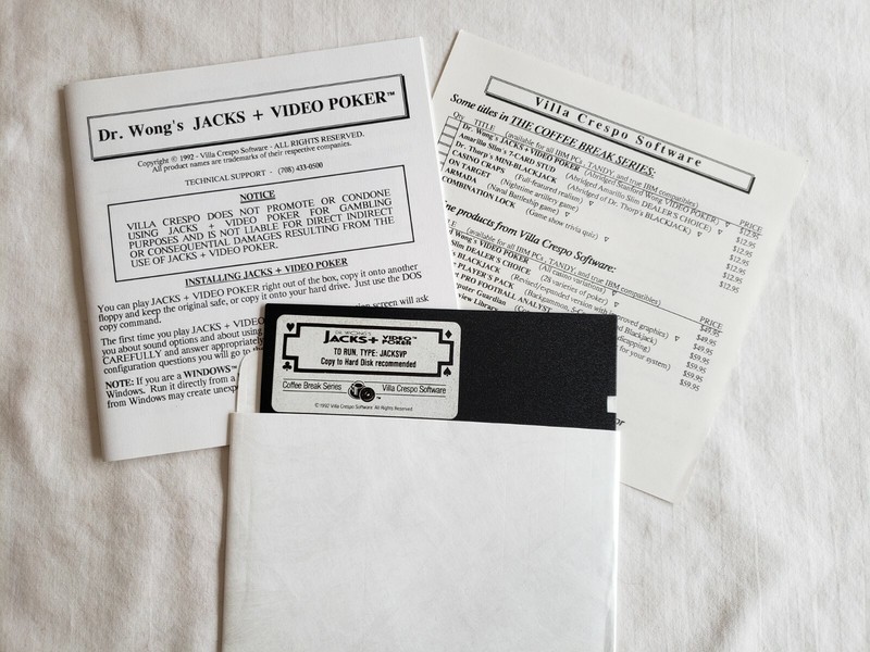 Dr Wong's Jacks + Video Poker Villa Crespo Software IBM PC 5.25" Disk