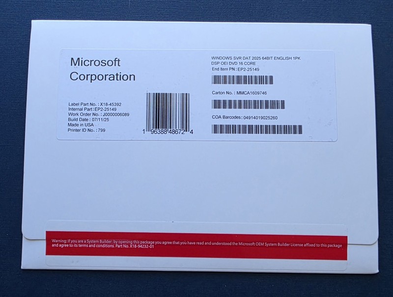 Microsoft Windows Server 2025 Datacenter 16 Core DVD + Sealed Key