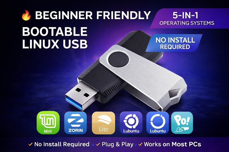 JML Development Bootable Linux USB 5-in-1 Beginner Friendly Mint Zorin Lite Pop