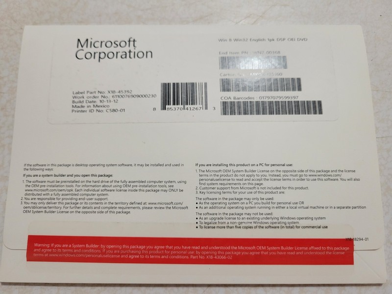 Windows 8 32 Bit English New Factory Sealed with Key