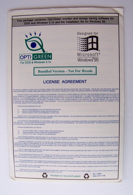 Microsoft Windows 95 for Installation with Opti-Green monitor – Version 3.808