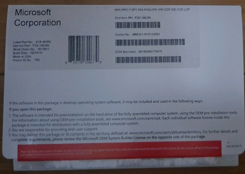 Microsoft Windows Win Pro 7 SP1 X64 English 1PK DSP OEI DVD LCP Disc Open box