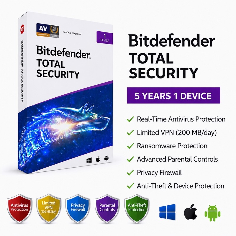 Bitdefender Total Security 2026 – 5 Years 1 Device + Daily VPN