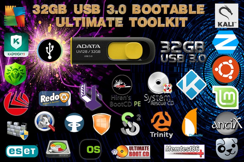32GB USB 3.0 Bootable Ultimate Tech Tool Kit – 37+ OSes Repair Scan Test Clone