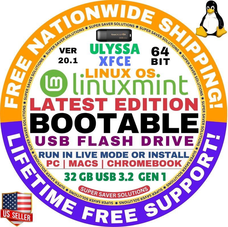 Linux MINT 20.1 USB Ulyssa XFCE 64-Bit Live Boot, Full Install MAC, PC