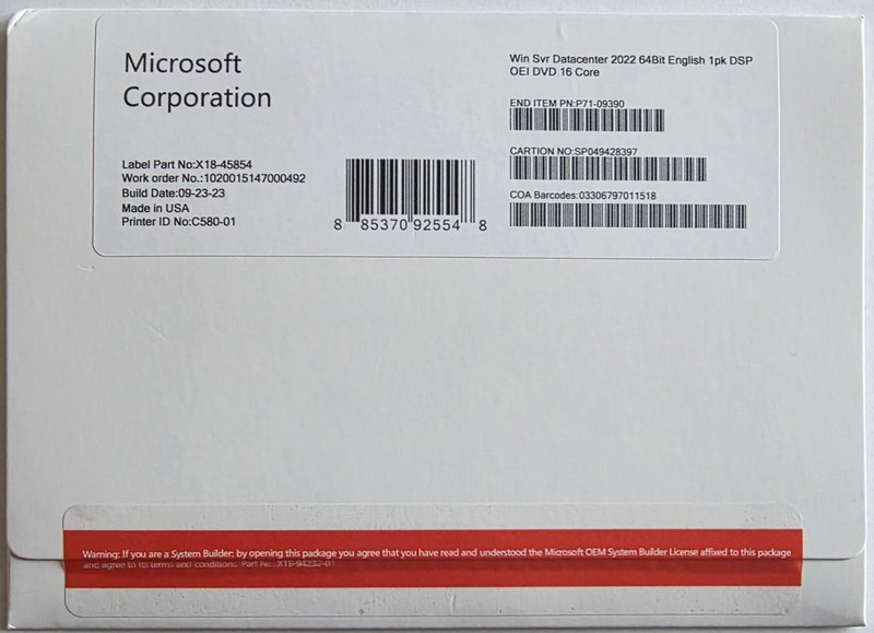 Microsoft Windows Server 2022 Datacenter 64bit 16 Core DVD+Key (NEW)..