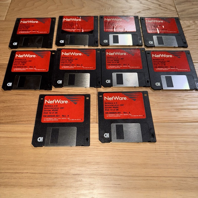 Vintage Novell NetWare 4.0 Admin CBT Floppy Disks Lot of 10 – Course #520C 1994 gallery